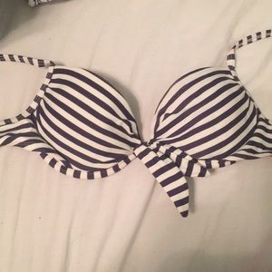 navy blue and white striped bathing suit top